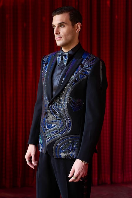 Shop_Asuka_Black Tissue Embroidery Textured Tuxedo And Trouser Set _Online_at_Aza_Fashions