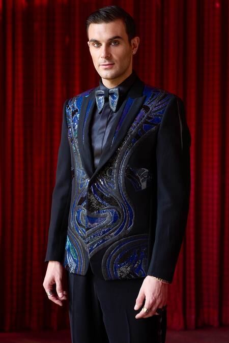 Asuka_Black Tissue Embroidery Textured Tuxedo And Trouser Set _at_Aza_Fashions