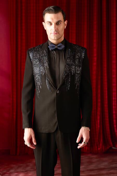 Asuka_Black Silk Metallic Thread Embroidered Tuxedo And Trouser Set _Online_at_Aza_Fashions