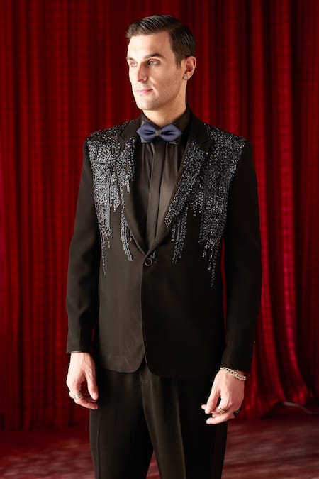 Buy_Asuka_Black Silk Metallic Thread Embroidered Tuxedo And Trouser Set _Online_at_Aza_Fashions