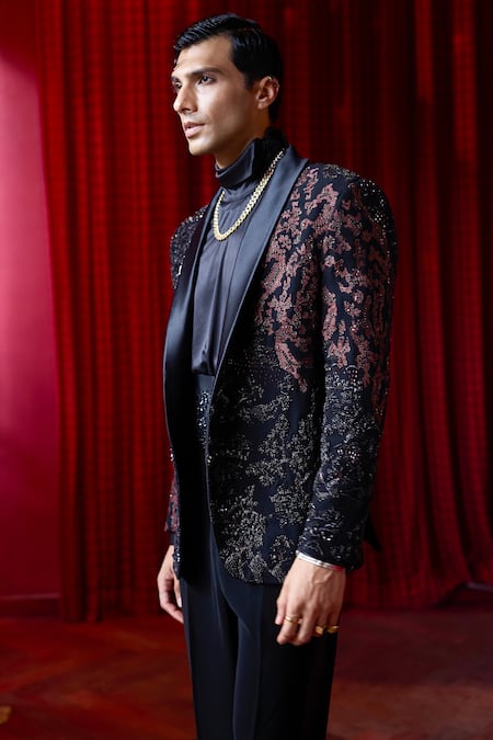 Asuka_Black Tigene Twilight Inferno Embroidered Tuxedo And Trouser Set _Online_at_Aza_Fashions