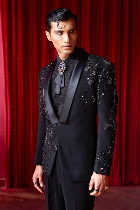 Asuka_Black Tigene Crystal, Sequin, Moti, Nalki Embroidered Tuxedo And Trouser Set _Online_at_Aza_Fashions