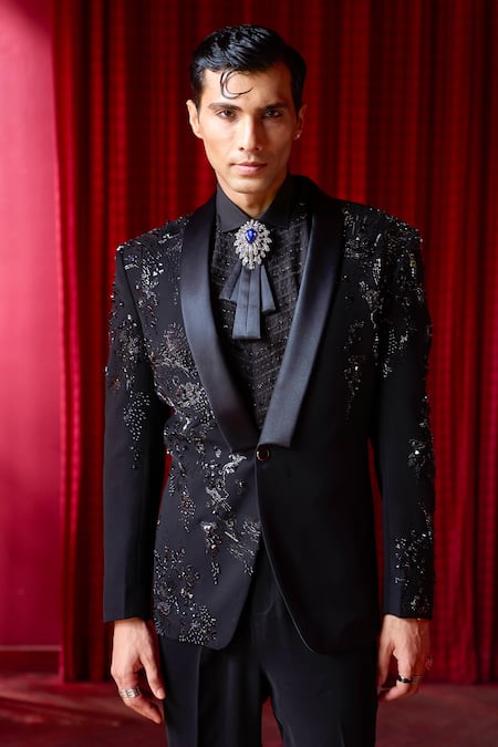 Buy_Asuka_Black Tigene Crystal, Sequin, Moti, Nalki Embroidered Tuxedo And Trouser Set _Online_at_Aza_Fashions