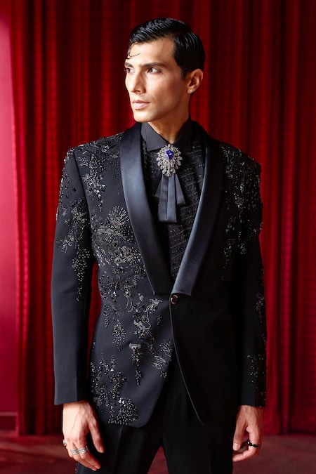 Shop_Asuka_Black Tigene Crystal, Sequin, Moti, Nalki Embroidered Tuxedo And Trouser Set _Online_at_Aza_Fashions