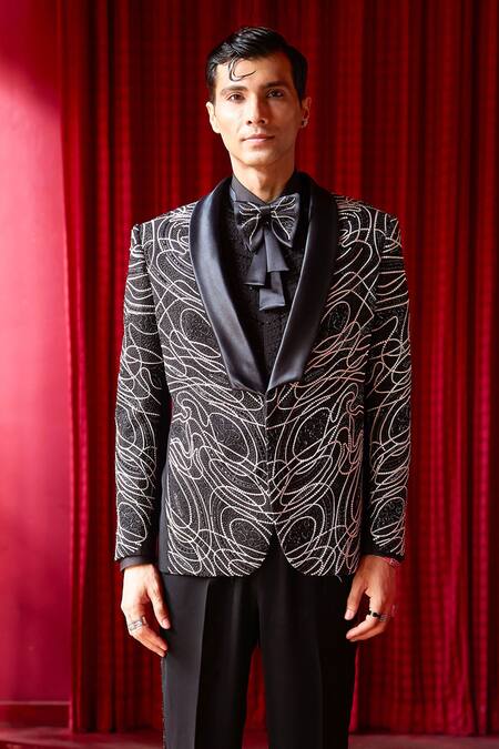 Shop_Asuka_Black Tigene Abstract Cosmic Swirl Embroidered Tuxedo And Trouser Set _Online_at_Aza_Fashions