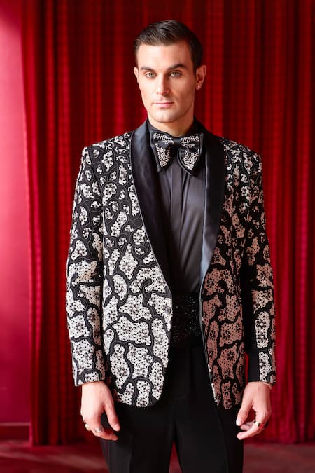 Buy_Asuka_Black Tissue Sequins Abstract Tuxedo Set With Trouser _Online_at_Aza_Fashions