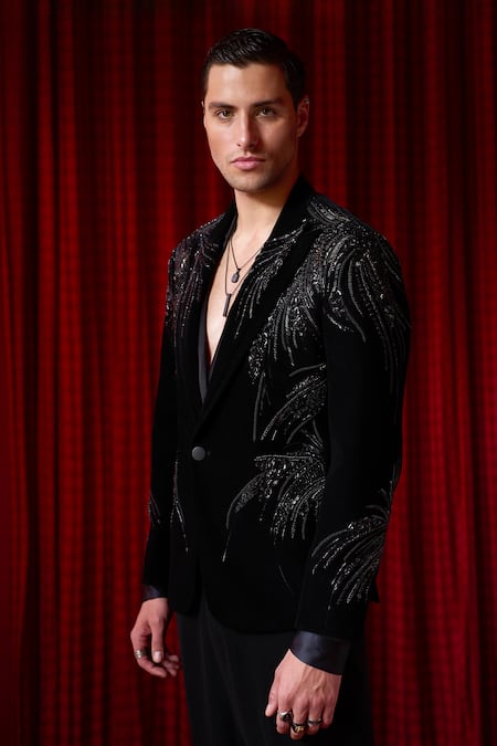 Buy Asuka Black Velvet Crystals, Embroidery Swarovski Tuxedo Set Online at Aza Fashions Buy_Asuka_Black Velvet Crystals, Embroidery Swarovski Tuxedo Set _Online_at_Aza_Fashions