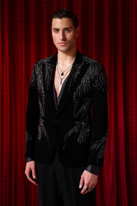 Shop Asuka Black Velvet Crystals, Embroidery Swarovski Tuxedo Set Online at Aza Fashions Shop_Asuka_Black Velvet Crystals, Embroidery Swarovski Tuxedo Set _Online_at_Aza_Fashions