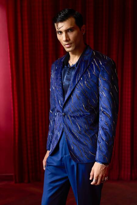 Buy_Asuka_Blue Jacquard Embroidery Nalki Tuxedo Set _Online_at_Aza_Fashions