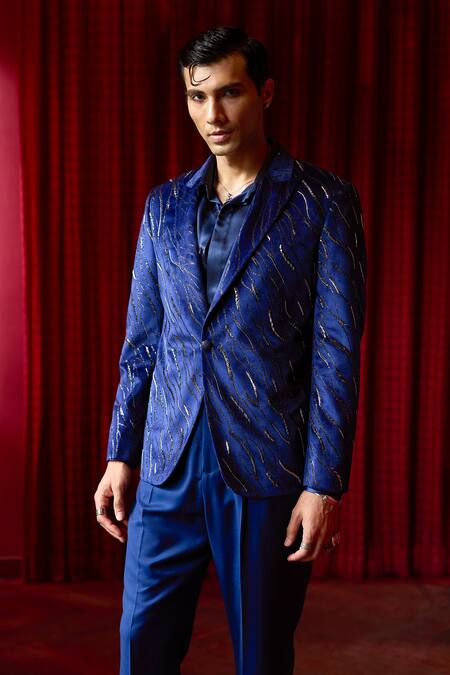 Shop_Asuka_Blue Jacquard Embroidery Nalki Tuxedo Set _Online_at_Aza_Fashions