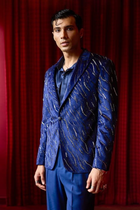 Asuka_Blue Jacquard Embroidery Nalki Tuxedo Set _at_Aza_Fashions