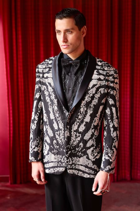 Buy_Asuka_Black Silk Cut Work Cutdana Embroidered Tuxedo Set _Online_at_Aza_Fashions