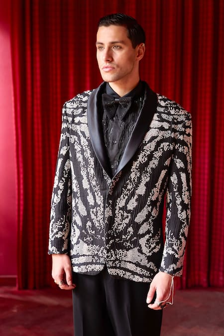 Shop_Asuka_Black Silk Cut Work Cutdana Embroidered Tuxedo Set _Online_at_Aza_Fashions