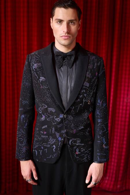 Buy_Asuka_Black Tigene Swarovksi Bead Embroidered Tuxedo And Trouser Set _Online_at_Aza_Fashions