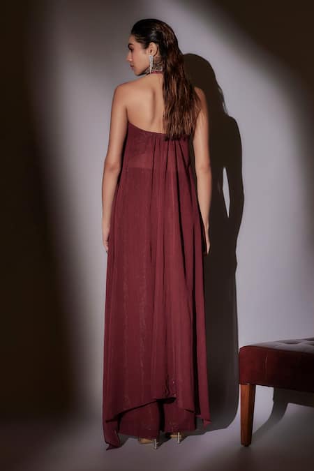 Shop_Ajiesh Oberoi_Wine Satin, Lurex Sequins, Crystals, Floral Embroidered Cape Kurta And Pant Set _at_Aza_Fashions