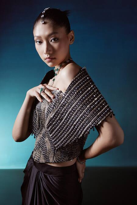 Buy_Istya_Black Organza, Satin Sequins, Beads Sweetheart Embroidered Corset And Draped Skirt _Online_at_Aza_Fashions