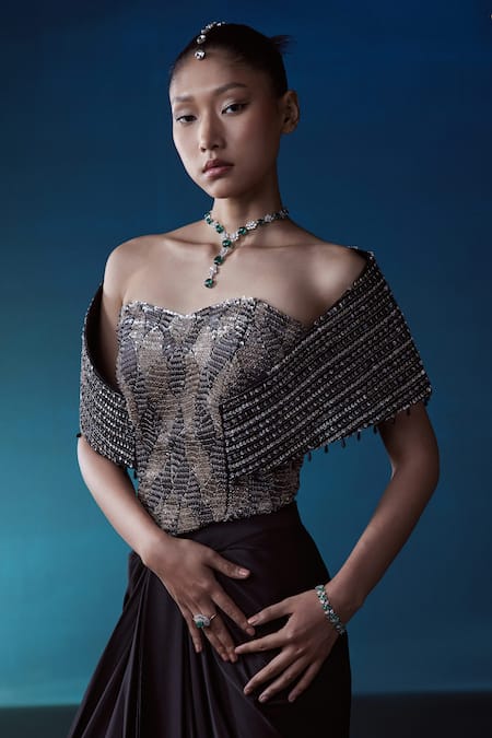 Istya_Black Organza, Satin Sequins, Beads Sweetheart Embroidered Corset And Draped Skirt _Online_at_Aza_Fashions