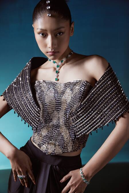 Shop_Istya_Black Organza, Satin Sequins, Beads Sweetheart Embroidered Corset And Draped Skirt _Online_at_Aza_Fashions