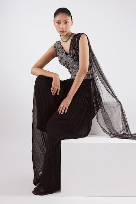 Buy Istya Black Net, Georgette Cutdana, Pleated Lehenga Saree With Embroidered Blouse Online at Aza Fashions Buy_Istya_Black Net, Georgette Cutdana, Pleated Lehenga Saree With Embroidered Blouse _Online_at_Aza_Fashions