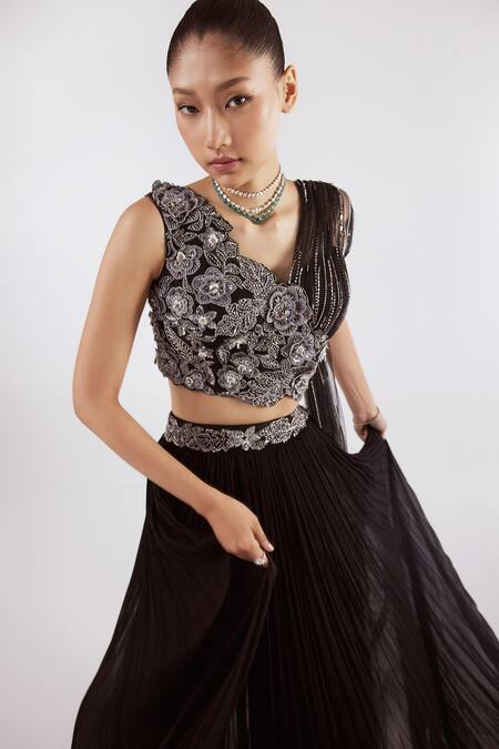 Shop Istya Black Net, Georgette Cutdana, Pleated Lehenga Saree With Embroidered Blouse Online at Aza Fashions Shop_Istya_Black Net, Georgette Cutdana, Pleated Lehenga Saree With Embroidered Blouse _Online_at_Aza_Fashions