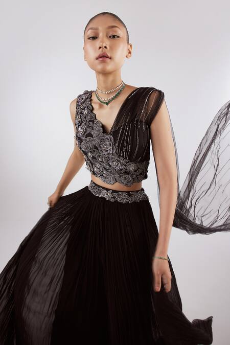Istya Black Net, Georgette Cutdana, Pleated Lehenga Saree With Embroidered Blouse at Aza Fashions Istya_Black Net, Georgette Cutdana, Pleated Lehenga Saree With Embroidered Blouse _at_Aza_Fashions