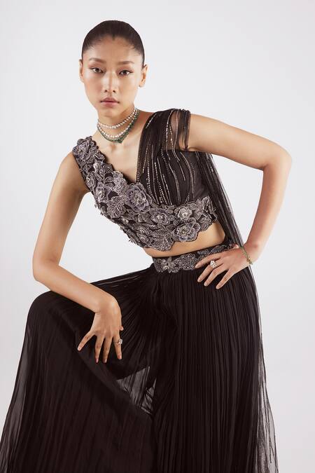 Buy Istya Black Net, Georgette Cutdana, Pleated Lehenga Saree With Embroidered Blouse Buy_Istya_Black Net, Georgette Cutdana, Pleated Lehenga Saree With Embroidered Blouse