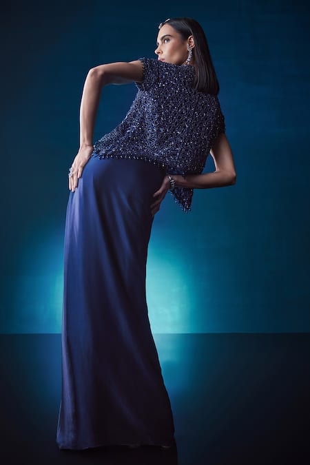 Istya_Blue Organza, Satin Sequins, Beads Cutwork Embroidered Top With Draped Skirt _Online_at_Aza_Fashions