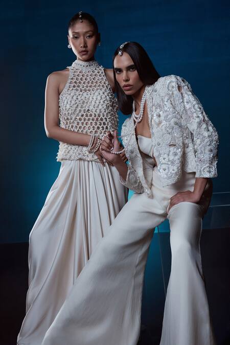 Buy_Istya_Ivory Net, Satin Pearls, Sequins, Beads Halter Embroidered Top Draped Skirt Set _Online_at_Aza_Fashions