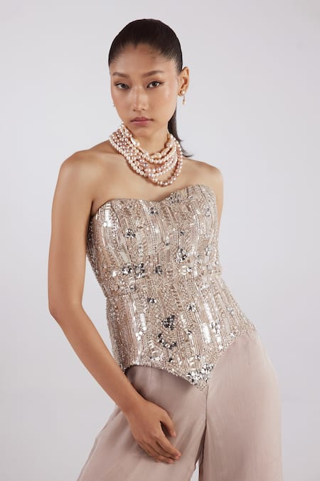 Istya Beige Organza Cutdana, Sequins, Beads, Stones Embroidered Corset With Pant Online at Aza Fashions Istya_Beige Organza Cutdana, Sequins, Beads, Stones Embroidered Corset With Pant _Online_at_Aza_Fashions