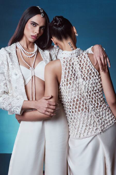 Buy_Istya_Ivory Organza Pearls, Sequins, Cut Work Floral Embroidered Jacket Pant Set _Online_at_Aza_Fashions