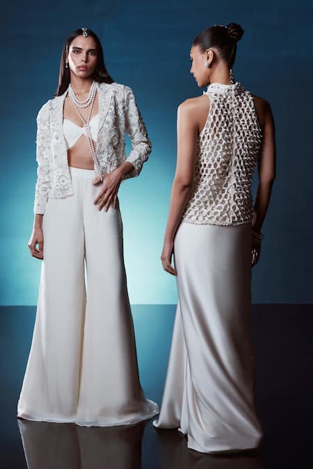 Istya_Ivory Organza Pearls, Sequins, Cut Work Floral Embroidered Jacket Pant Set _Online_at_Aza_Fashions