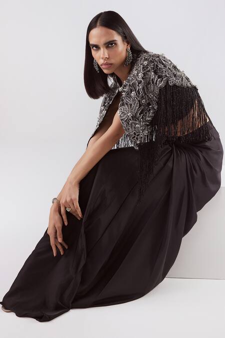 Buy Istya Black Net, Satin Cutdana, Floral, Geometric, Embroidered Draped Skirt Set Online at Aza Fashions Buy_Istya_Black Net, Satin Cutdana, Floral, Geometric, Embroidered Draped Skirt Set _Online_at_Aza_Fashions