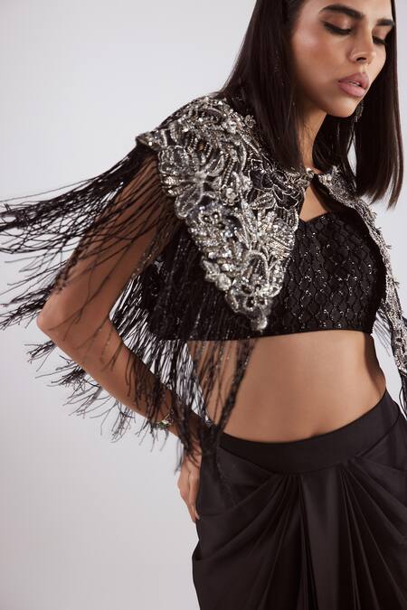 Shop Istya Black Net, Satin Cutdana, Floral, Geometric, Embroidered Draped Skirt Set Online at Aza Fashions Shop_Istya_Black Net, Satin Cutdana, Floral, Geometric, Embroidered Draped Skirt Set _Online_at_Aza_Fashions