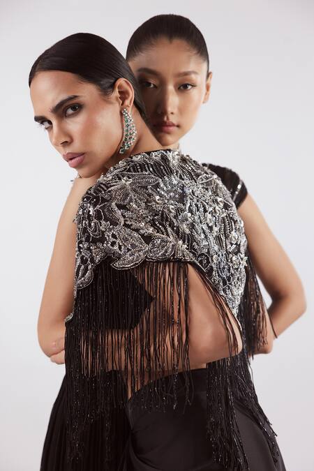 Istya Black Net, Satin Cutdana, Floral, Geometric, Embroidered Draped Skirt Set at Aza Fashions Istya_Black Net, Satin Cutdana, Floral, Geometric, Embroidered Draped Skirt Set _at_Aza_Fashions