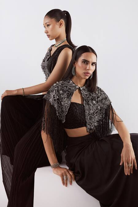 Buy Istya Black Net, Satin Cutdana, Floral, Geometric, Embroidered Draped Skirt Set Buy_Istya_Black Net, Satin Cutdana, Floral, Geometric, Embroidered Draped Skirt Set