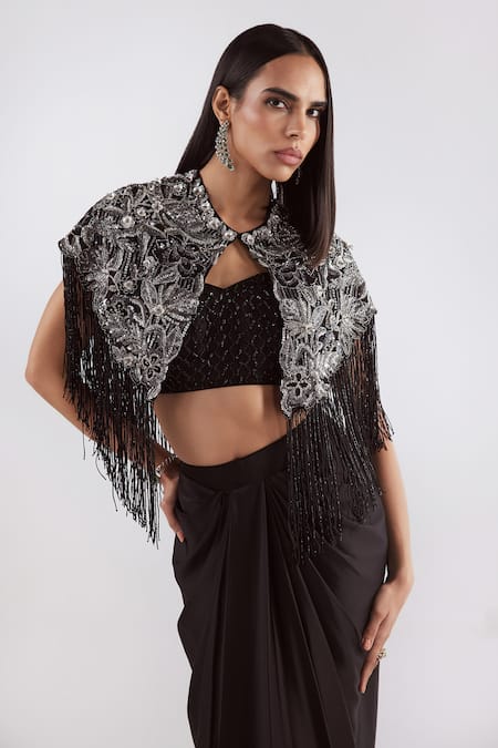 Istya Black Net, Satin Cutdana, Floral, Geometric, Embroidered Draped Skirt Set Online at Aza Fashions Istya_Black Net, Satin Cutdana, Floral, Geometric, Embroidered Draped Skirt Set _Online_at_Aza_Fashions