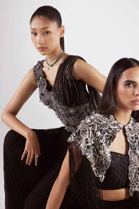 Shop Istya Black Net, Satin Cutdana, Floral, Geometric, Embroidered Draped Skirt Set Shop_Istya_Black Net, Satin Cutdana, Floral, Geometric, Embroidered Draped Skirt Set