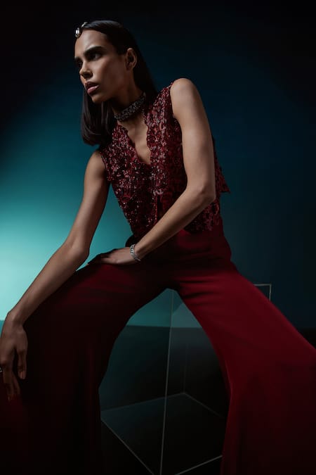 Buy_Istya_Red Organza Cutdana, Floral, Sequins Jacket Motifs Embroidered Pant Set _Online_at_Aza_Fashions