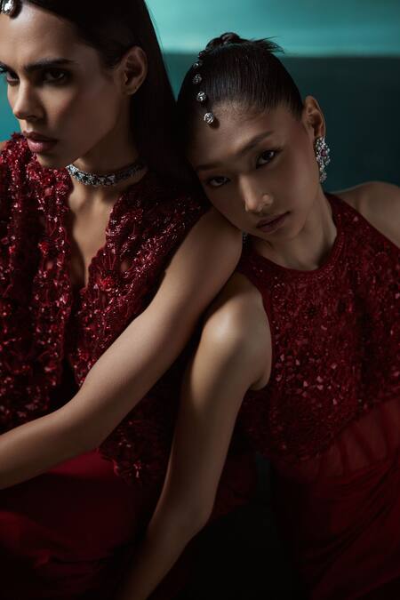 Shop_Istya_Red Organza Cutdana, Floral, Sequins Jacket Motifs Embroidered Pant Set _Online_at_Aza_Fashions