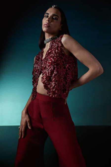 Istya_Red Organza Cutdana, Floral, Sequins Jacket Motifs Embroidered Pant Set _at_Aza_Fashions