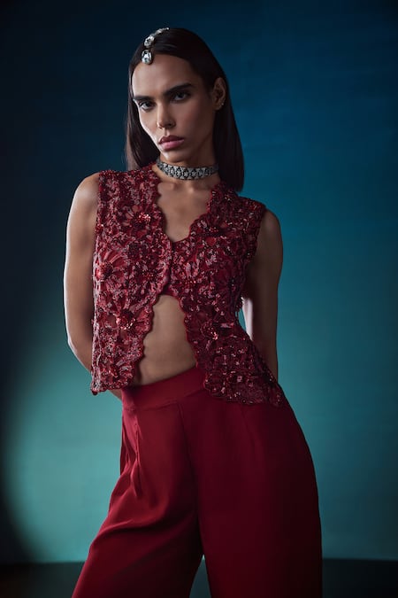 Istya_Red Organza Cutdana, Floral, Sequins Jacket Motifs Embroidered Pant Set _Online_at_Aza_Fashions