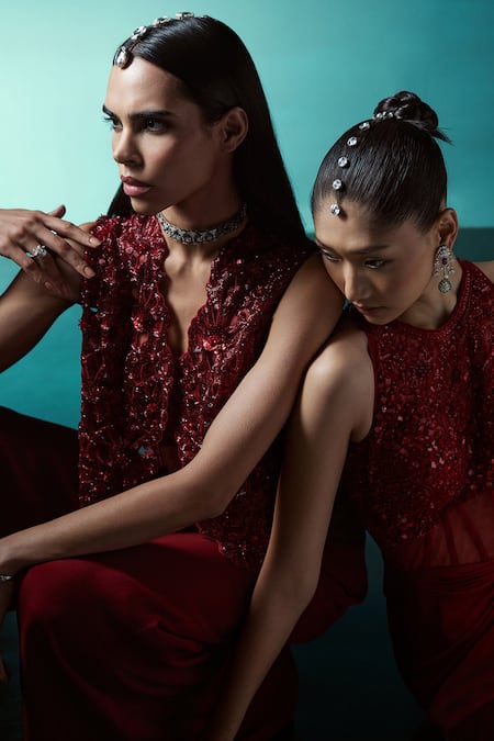 Shop_Istya_Red Organza Cutdana, Floral, Sequins Jacket Motifs Embroidered Pant Set 