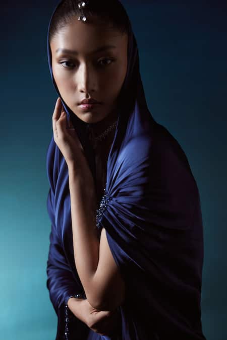 Buy_Istya_Blue Satin Geometric, Crystals, Beads Pre-draped Saree With Embroidered Blouse _Online_at_Aza_Fashions