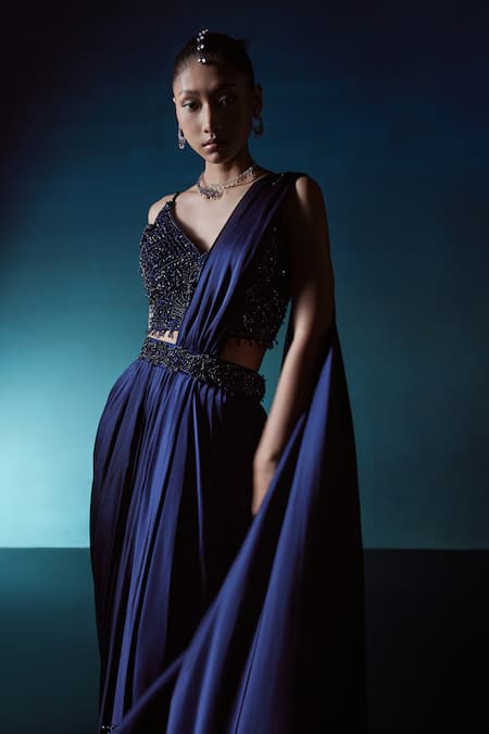 Istya_Blue Satin Geometric, Crystals, Beads Pre-draped Saree With Embroidered Blouse _Online_at_Aza_Fashions