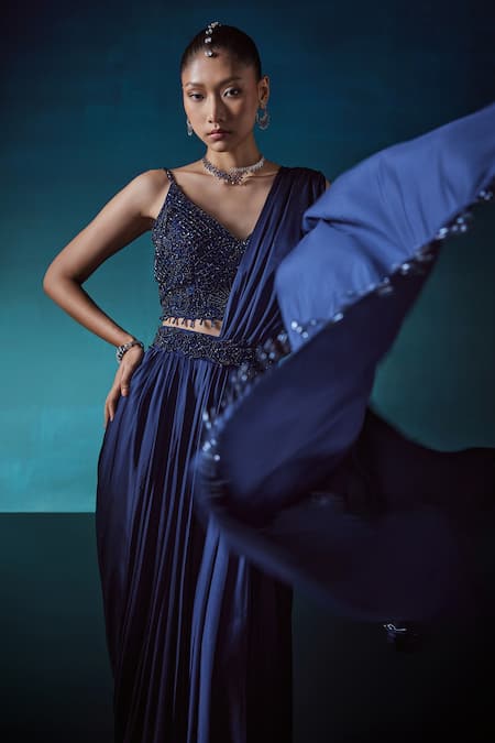 Shop_Istya_Blue Satin Geometric, Crystals, Beads Pre-draped Saree With Embroidered Blouse _Online_at_Aza_Fashions