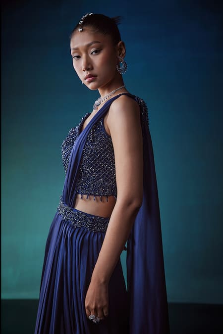 Istya_Blue Satin Geometric, Crystals, Beads Pre-draped Saree With Embroidered Blouse _at_Aza_Fashions