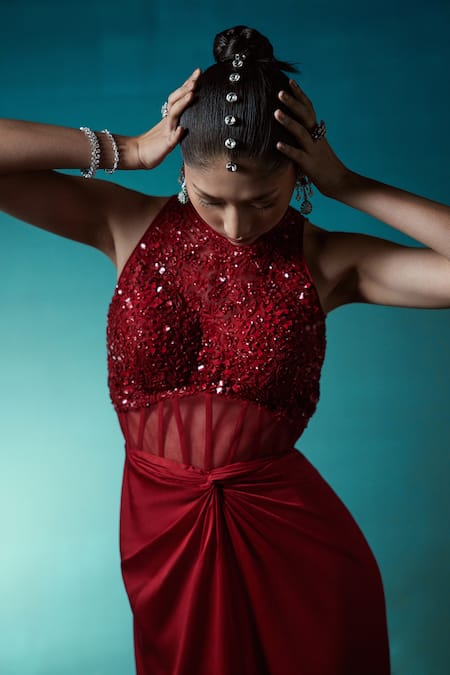 Buy_Istya_Red Satin Cutdana, Sequin, Beads Halter Embroidered Draped Corset Gown _Online_at_Aza_Fashions