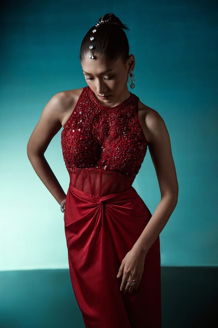 Shop_Istya_Red Satin Cutdana, Sequin, Beads Halter Embroidered Draped Corset Gown _Online_at_Aza_Fashions