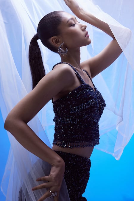 Buy_Istya_Blue Net Cut Work, Sequins, Beads, Stones Embroidered Lehenga Jacket Set _Online_at_Aza_Fashions