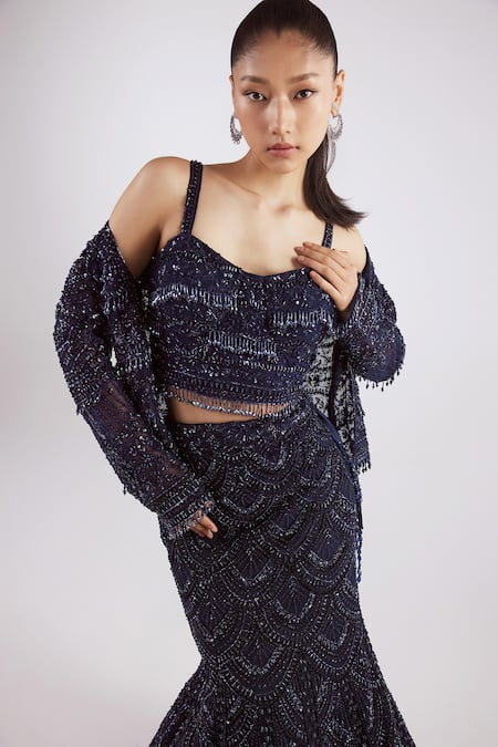 Shop_Istya_Blue Net Cut Work, Sequins, Beads, Stones Embroidered Lehenga Jacket Set _at_Aza_Fashions